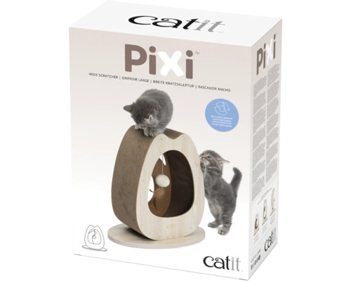 Katzenkratzbaum Catit Pixi in der Verpackung mit zwei Kätzchen