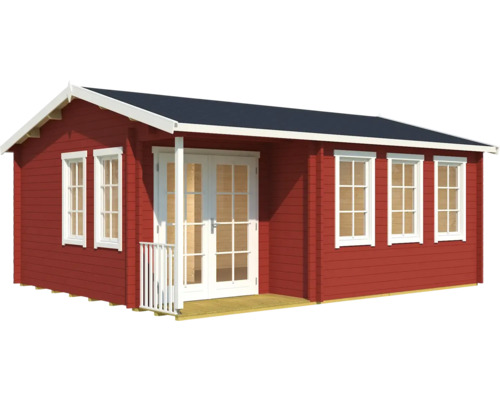 Blockbohlenhaus mit Fenstern und Doppeltür