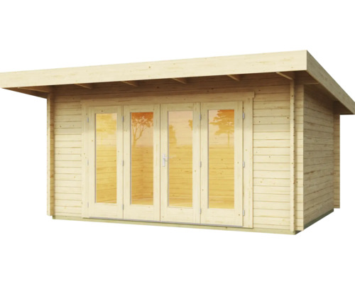 Holzgartenhaus mit Flügeltüren und Flachdach