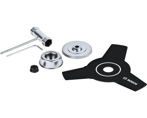 Freischneidermesser-Set 23 cm Bosch für Akku-Freischneider GRT 18V-33 / GFR 18V-23 Zubehör für Rasentrimmer, inklusive Schraubenschlüssel, Inbusschlüssel, Mutter, Metallscheibe, Metallhülse und Messer mit Bosch Logo
