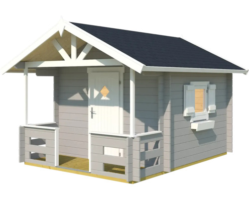 Holzspielhaus mit überdachter Veranda, Fenster und Tür