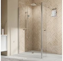 Duschkabine mit Duscharmatur und Handtuchhalter im Badezimmer.