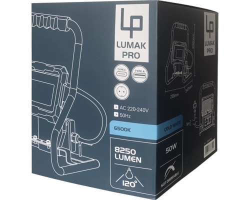 Verpackung einer Lumak Pro Arbeitsleuchte mit technischen Details