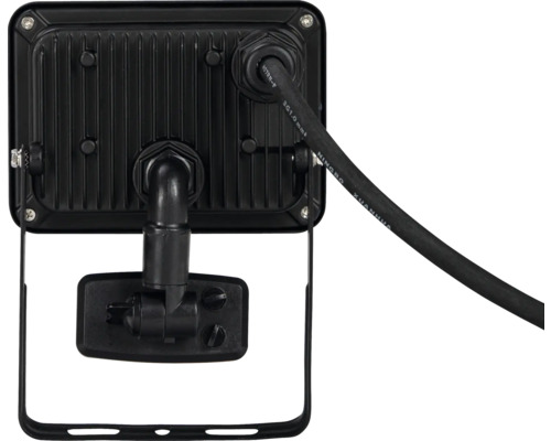 Rückansicht eines LED-Strahlers mit Kabel und Montagehalterung