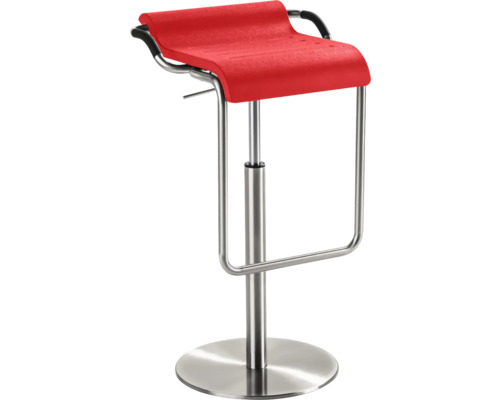 Höhenverstellbarer Barhocker mit roter Sitzfläche und Fußstütze aus Metall
