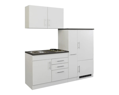 Komplette Miniküche mit Spüle, Kochfeld, Kühlschrank und Hängeschrank