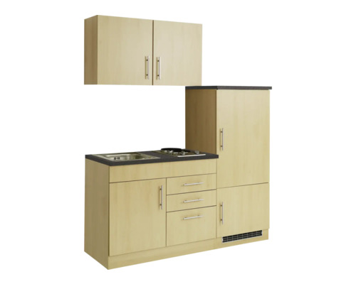 Pantryküche mit Spüle, Kochfeld, Kühlschrank und Hängeschrank