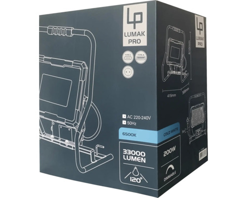 Verpackung eines Lumak Pro Strahlers mit technischen Details wie Lumen, Watt und Farbtemperatur