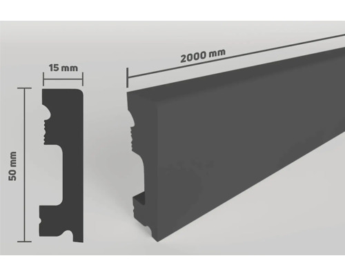Selit Sockelleiste SELITSTYLE FBL50 schwarz 2000 x 50 x 15 mm Profilleiste mit den Maßen 50 mm Höhe, 15 mm Breite und 2000 mm Länge.