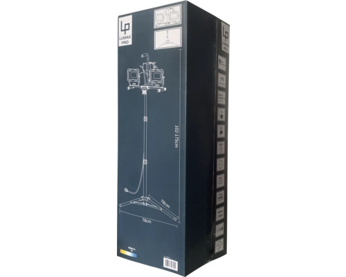Verpackung für Lumak Pro Fotoleuchte mit Stativ und Abmessungen