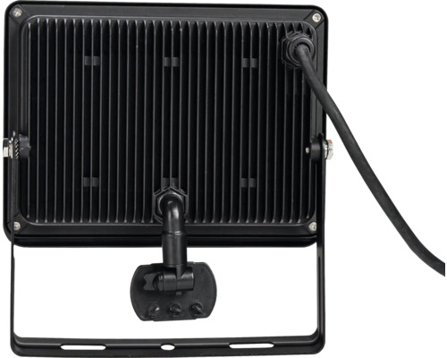 Rückseite eines schwarzen LED-Strahlers mit Kühlrippen, Kabel und Montagebügel