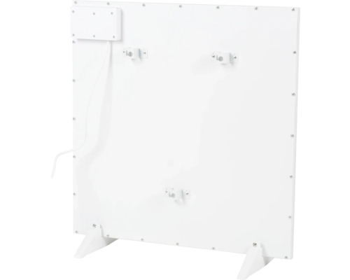 Rückansicht einer weißen Infrarotheizung mit Standfüßen und Anschlussdose