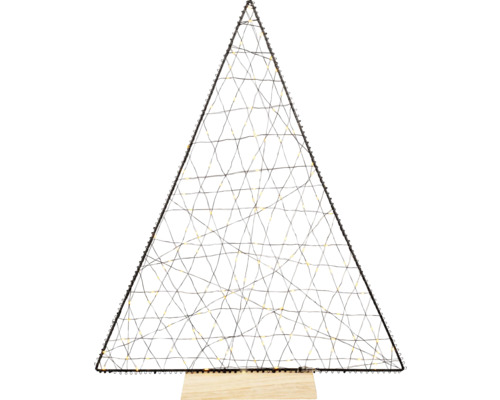 Dekorativer Weihnachtsbaum aus Metall mit Beleuchtung auf Holzsockel