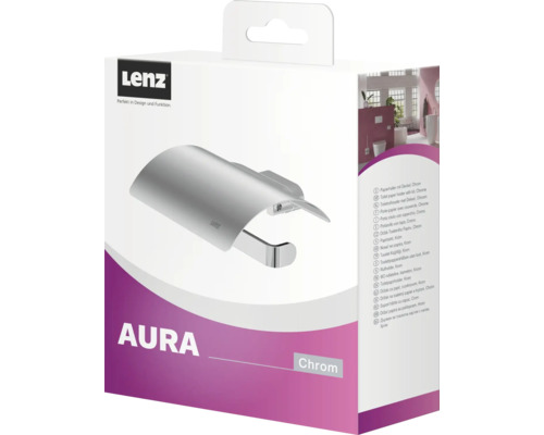 Verpackung einer Lenz Aura Toilettenpapierhalterung mit Deckel, Chrom