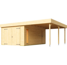 Holzgarage mit Doppeltür, Fenster und Carport