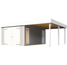 Graue Garage mit Doppeltür, Seitentür und Überdachung aus Holz