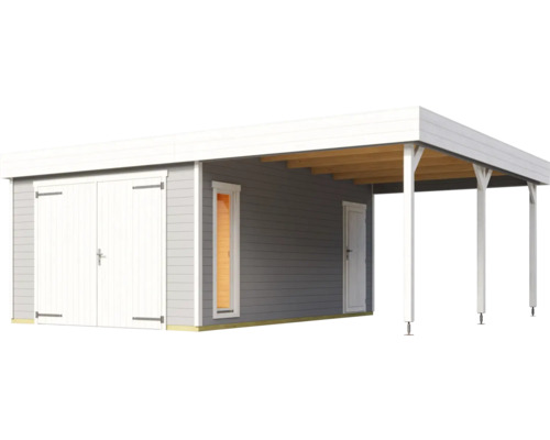Graue Garage mit Doppeltür, Seitentür und Überdachung aus Holz