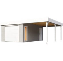 Garage mit Carport aus Holz mit Garagentor und Tür