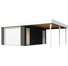 Garage mit Geräteschuppen und Carport aus Holz