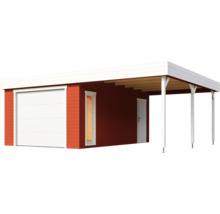 Rote Garage mit Carport, weißem Dach und Tor