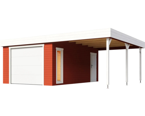 Rote Garage mit Carport, weißem Dach und Tor