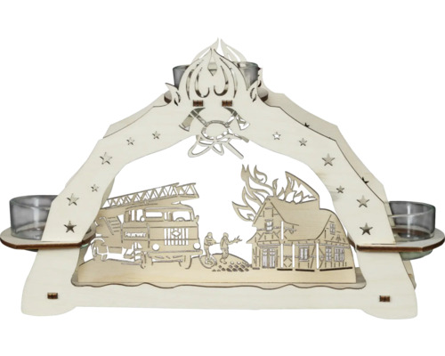 Leuchter Saico Feuerwehr Holz 7,5 x 24,8 x 17,2 cm naturbelassen Lichterbogen mit Feuerwehrmotiv und Teelichthaltern