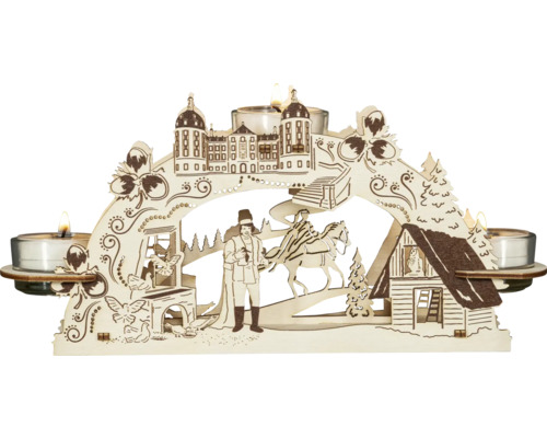 Helle Holzdekoration mit Schloss, Haus, Figuren und Teelichtern