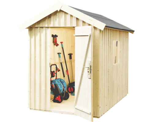 Holzgartenhaus mit geöffneter Tür und Gartengeräten