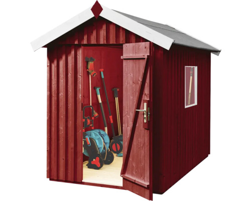 Gartenschuppen aus Holz mit geöffneter Tür und Gartengeräten