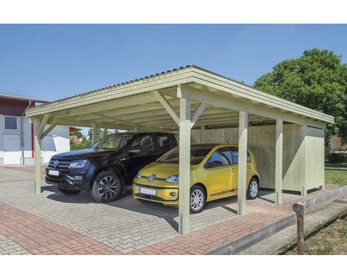 Geräteraum für Doppelcarport Kiefer 551 x 173 x 210 cm kesseldruckimprägniert Doppelcarport aus Holz mit Geräteschuppen und zwei parkenden Autos