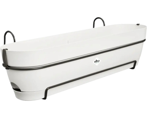 Weißer Balkonkasten mit Halterung und Elho Logo