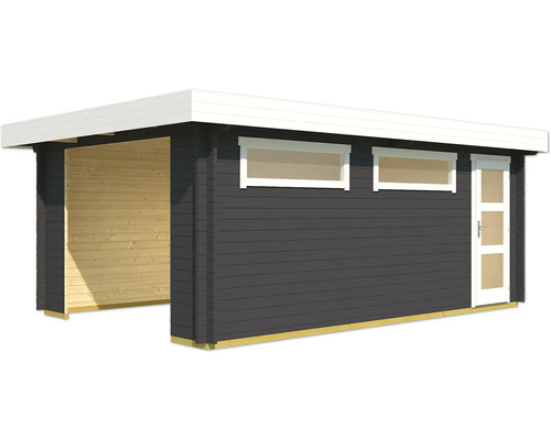 Holzgartenhaus mit Carport, zwei Fenstern und einer Tür