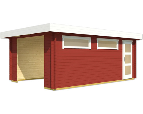 Roter Holzgartenpavillon mit Fenster und Tür