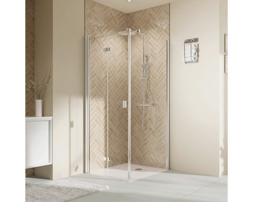 Duschtür für Seitenwand mit Drehfalttür BREUER Elana 2.0 100 x 200 cm Profil eckig silber Klarglas Türanschlag links Puffergriff-0