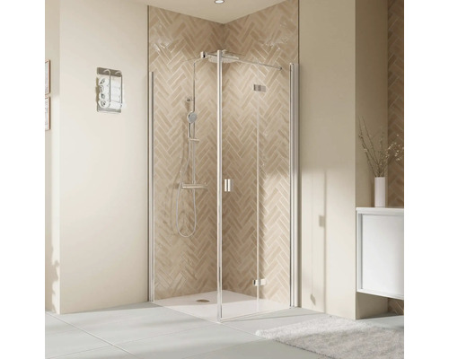 Duschtür für Seitenwand mit Drehfalttür BREUER Elana 2.0 90 x 200 cm Profil eckig silber Klarglas Türanschlag rechts Puffergriff-0