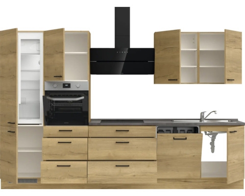 Komplette Küchenzeile mit Kühlschrank, Ofen, Dunstabzugshaube, Kochfeld, Spüle und Geschirrspüler