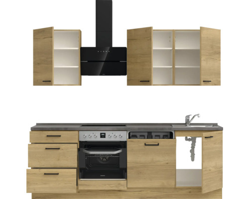 Komplette Küchenzeile mit Spüle, Herd, Dunstabzugshaube und Schränken