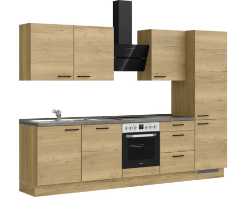 Komplette Küche mit Spüle, Herd, Dunstabzugshaube und Holzoptik
