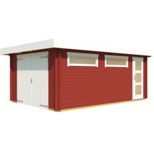 Rotes Holzgartenhaus mit Doppeltür, Fenstern und Seitentür