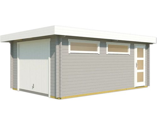 Holzgarage mit Rolltor, Fenstern und Seitentür