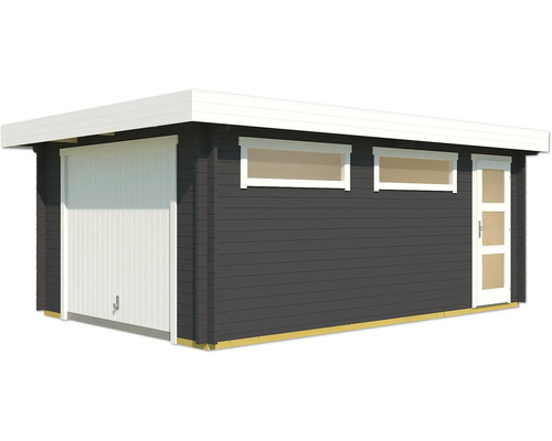 Holzgartenhaus mit Garagentor, Fenstern und Seitentür