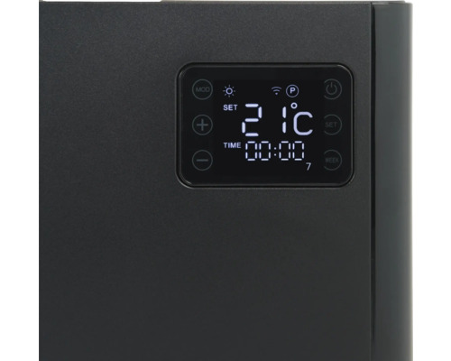 Detailansicht einer elektronischen Steuerung für eine Heizung mit digitaler Anzeige von Temperatur und Uhrzeit