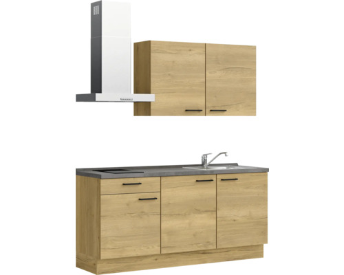 Küchenzeile mit Spüle, Kochfeld und Dunstabzugshaube