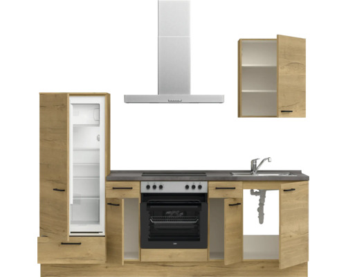 Küchenzeile mit Kühlschrank, Dunstabzugshaube, Spüle und Herd