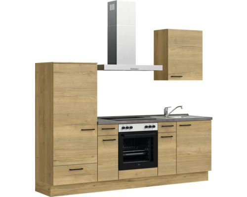 Küchenzeile mit Spüle, Herd, Backofen, Dunstabzugshaube und Schränken