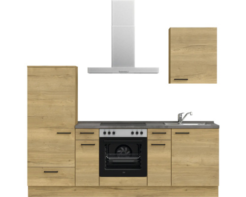 Küchenzeile mit Spüle, Herd, Backofen, Dunstabzugshaube und Hängeschrank