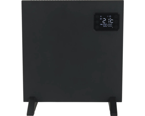Schwarzer Heizkörper mit Digitalanzeige und Standfüßen