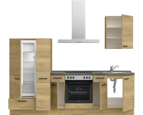 Küchenzeile mit Spüle, Herd, Dunstabzugshaube und Kühlschrank