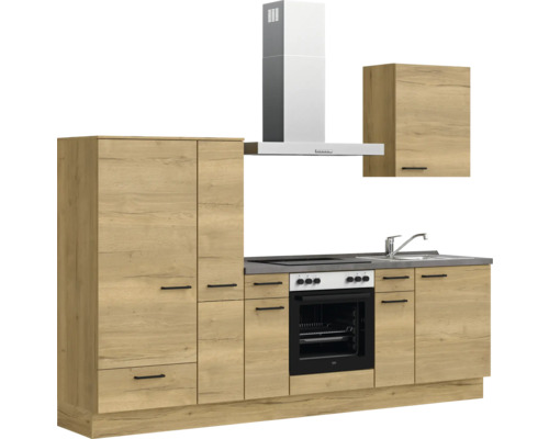 Komplette Küchenzeile mit Hängeschrank, Dunstabzugshaube, Herd und Spüle