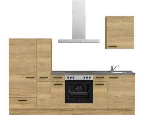 Küchenzeile mit Unterschränken, Hängeschränken, Dunstabzugshaube und Elektroherd